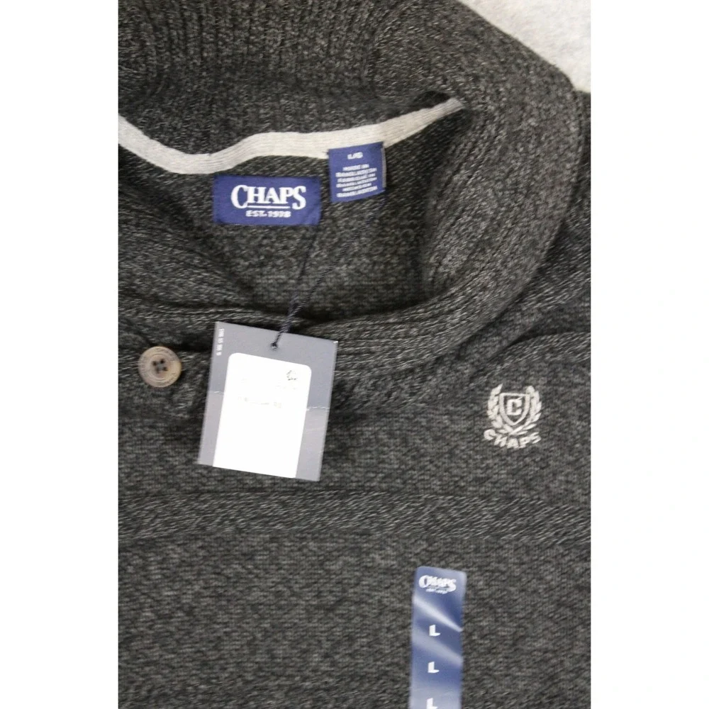 Chaps Mens Shawl Collar Sweater Charcoal Heather Grey Button Neck Crest Logo‎ L